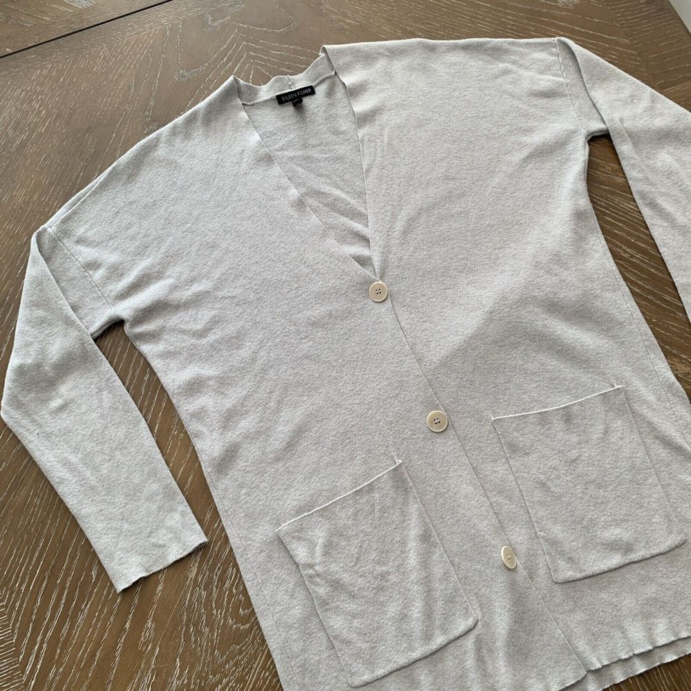 EILEEN FISHER XS BEIGE Organic Cotton Knit 3 Button Cardigan - Pockets EXCELLENT